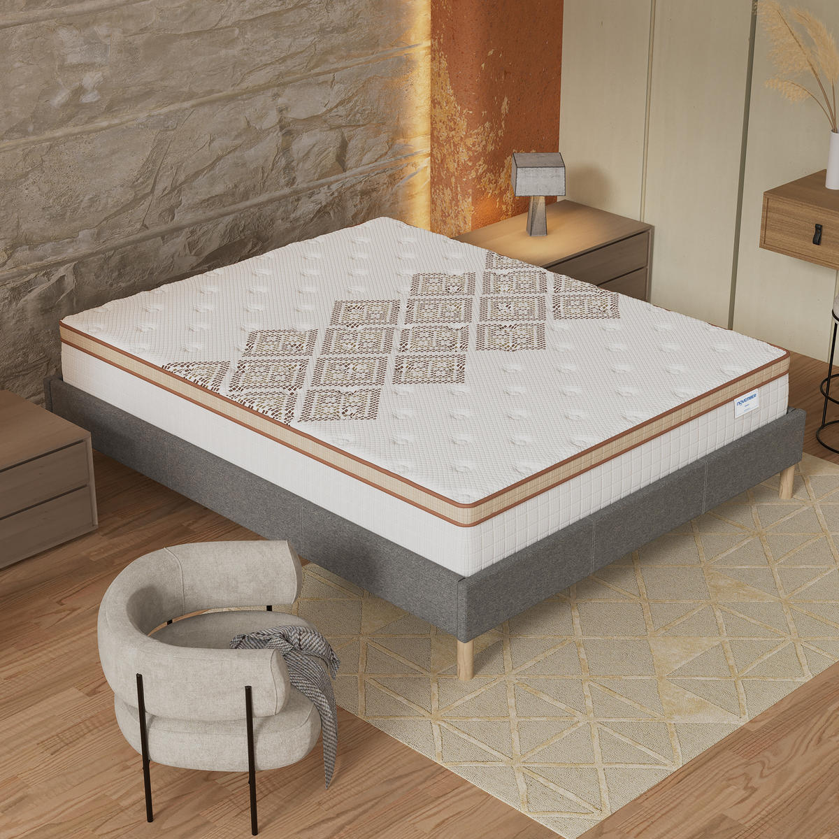 BETT und MATRATZE - 180 x 200 cm - Taschenfederkern - 28cm dick - Grau, Naturmaterialien/Eichenholz (180/200cm) - November Sleep