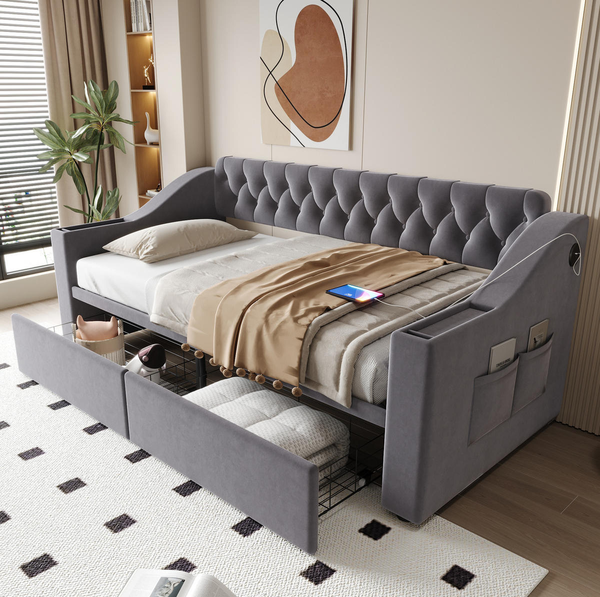 POLSTERBETT 90/190 cm Dunkelgrau mit USB- und Type-C-Anschlüssen und Stauraum - Grau, Textil (90/190cm) - Flora Grace