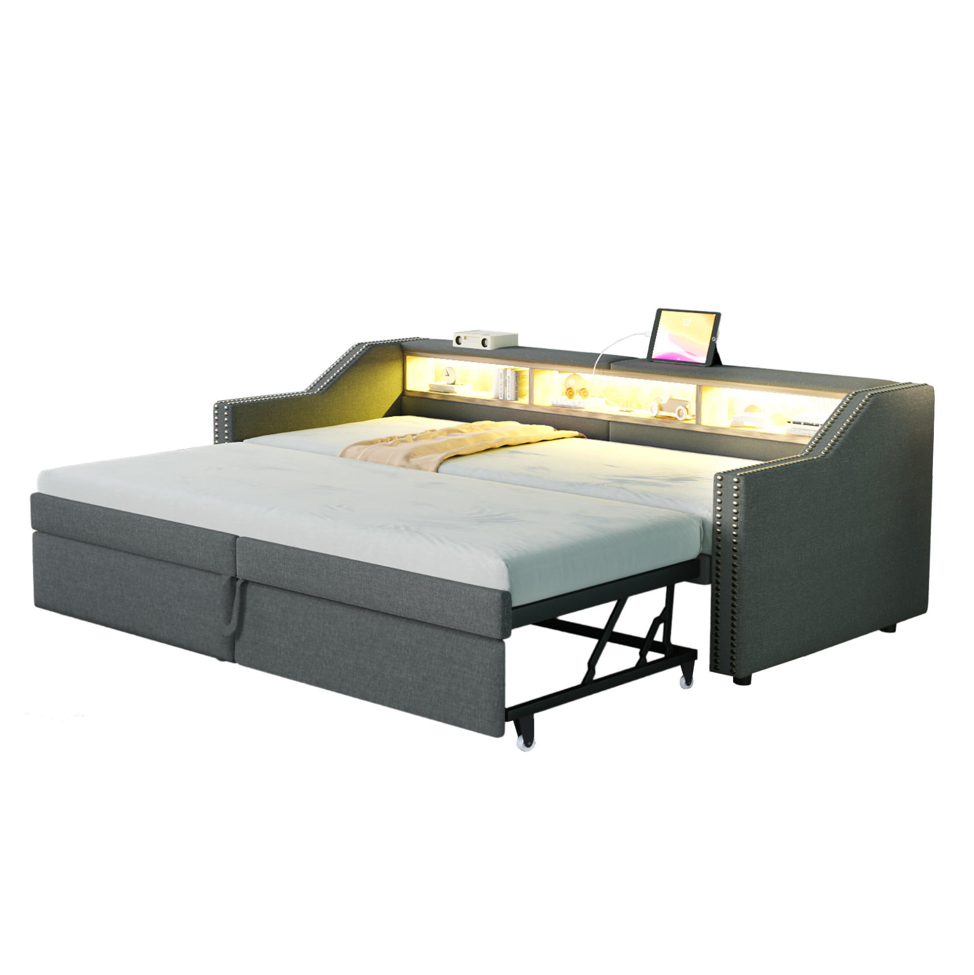 AUSZIEHBETT 90/180 x 200 cm Dunkelgrau mit LED-Beleuchtung und USB-Anschluss - Dunkelgrau, Textil (90/190cm) - Flora Grace