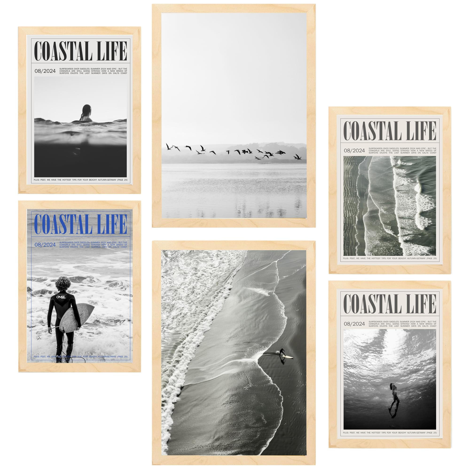 POSTER Set Mit 6 Sommer, Strand & Meer A3 & A4 Rahmen Aus Hellem Holz - Beige, Papier (29/3cm) - Nacnic