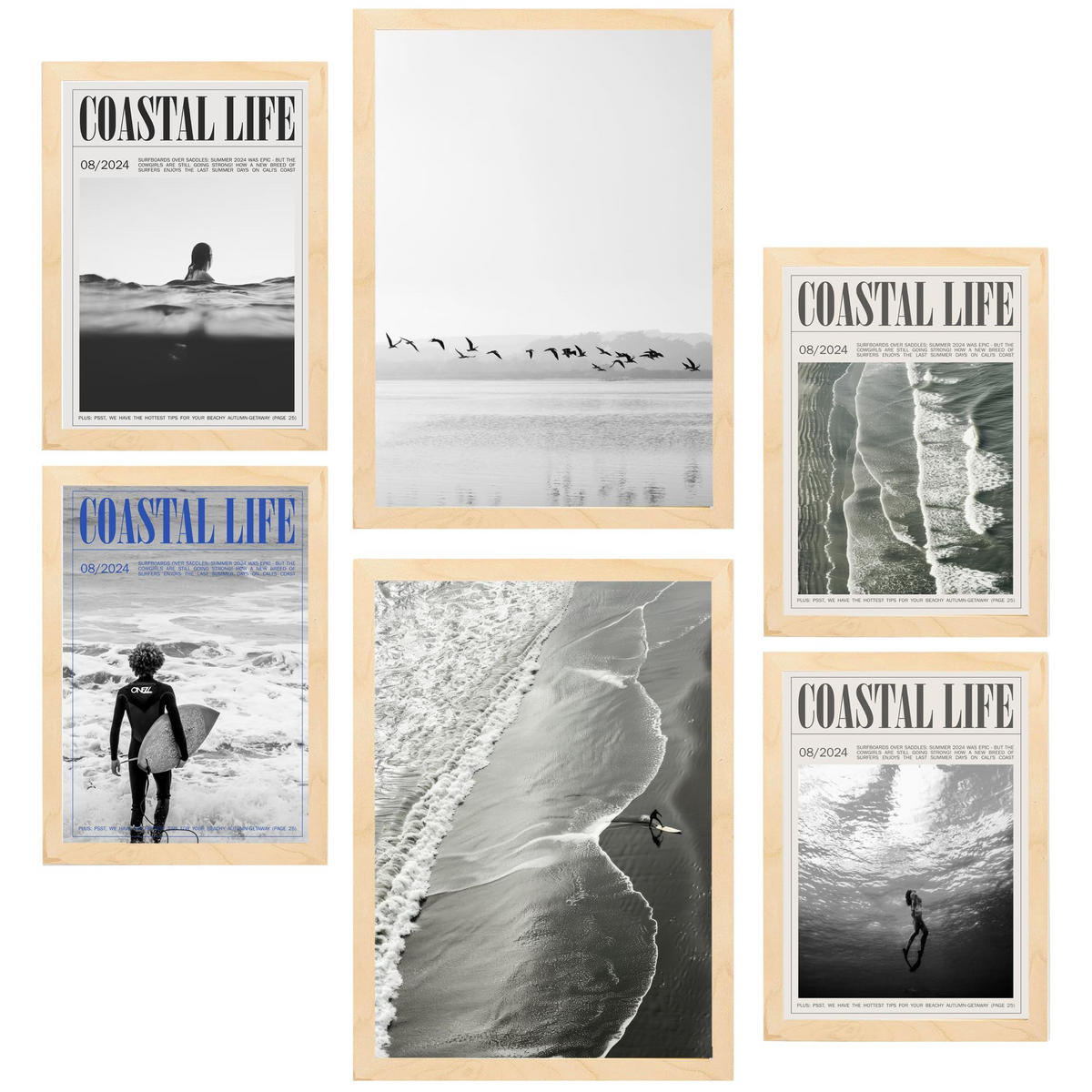 POSTER Set Mit 6 Sommer, Strand & Meer A3 & A4 Rahmen Aus Hellem Holz - Beige, Papier (29/3cm) - Nacnic
