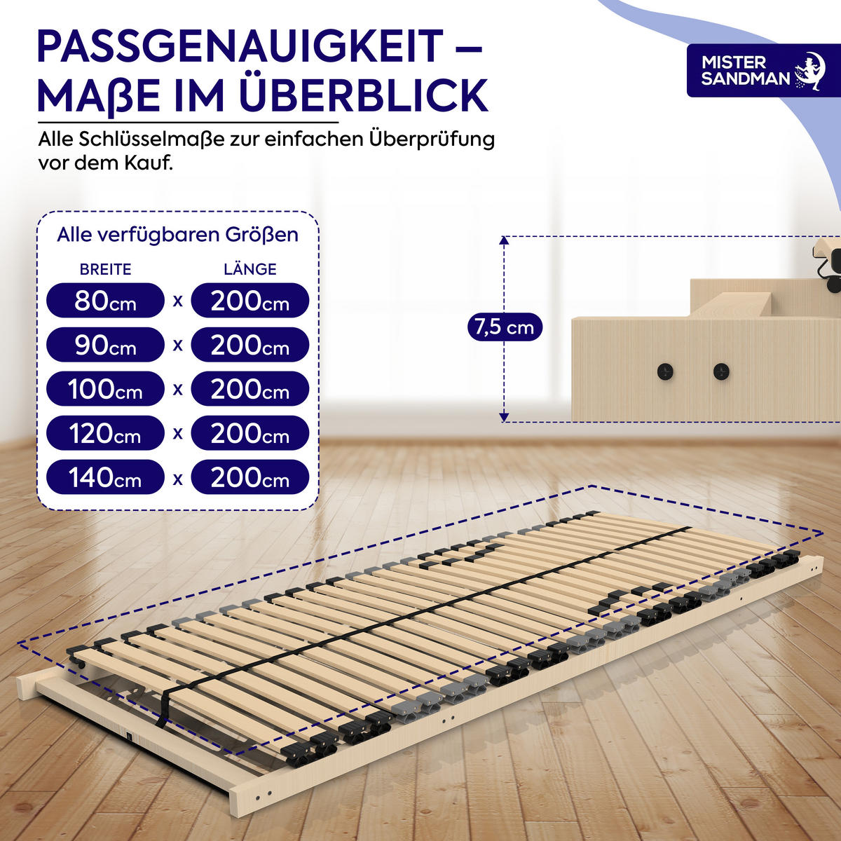 LATTENROST ErgoFlex 90x200 7-Zonen mit verstellbarem Kopfteil - Eschefarben/Buchefarben, Holz (90/200cm) - Mister Sandman