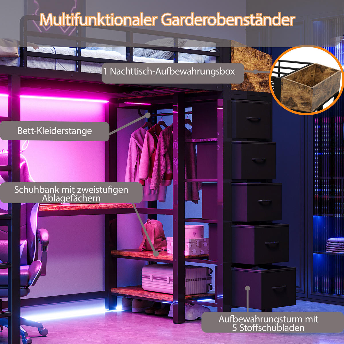 HOCHBETT 90x200cm Metall Gaming Schreibtisch LED USB Schwarz - Schwarz, Metall (90/200cm) - FLIEKS