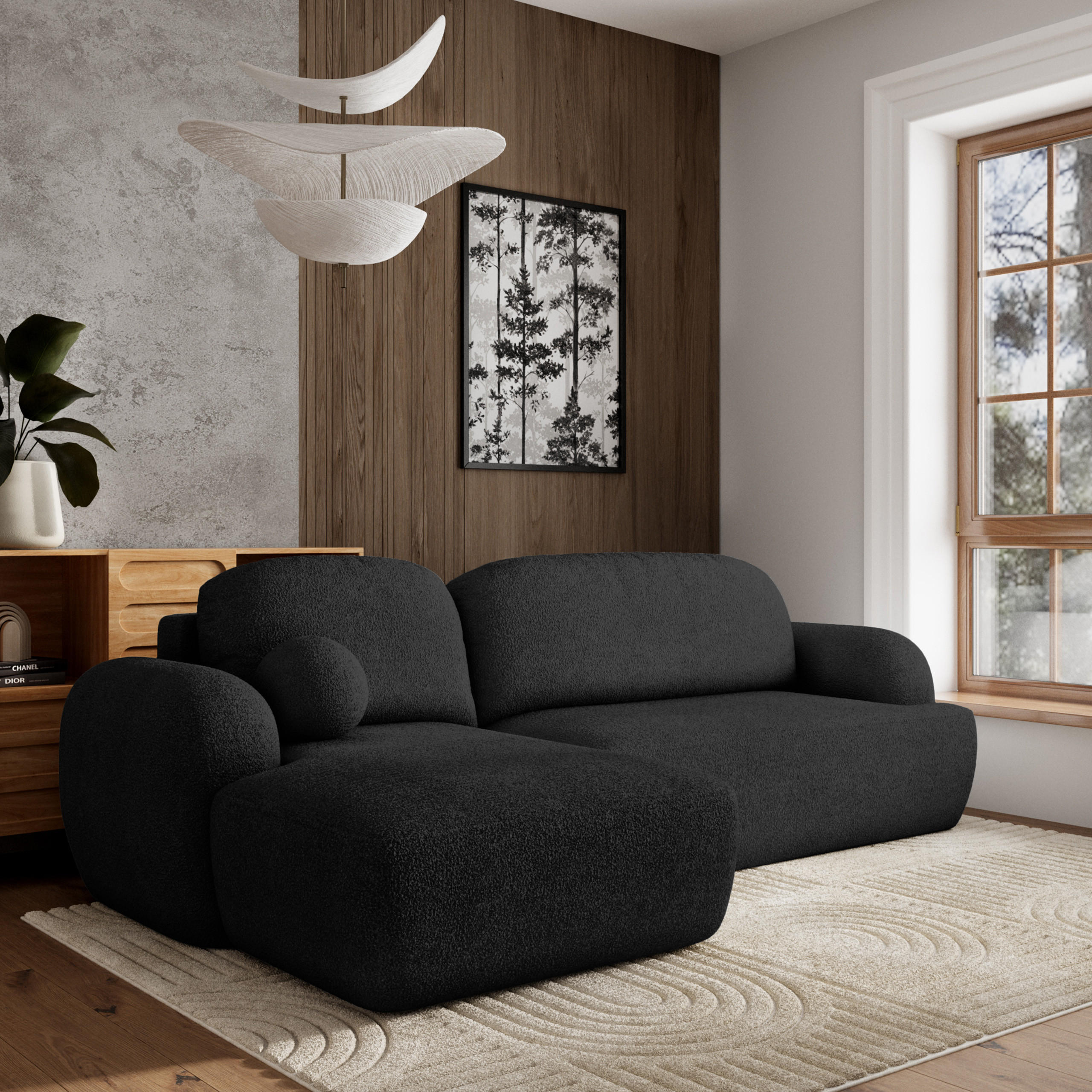 ECKSOFA MODENZA N L-S Schwarz Boucle-Stoff mit Schlaffunktion - Schwarz, Holz (266/148cm) - MASSENO