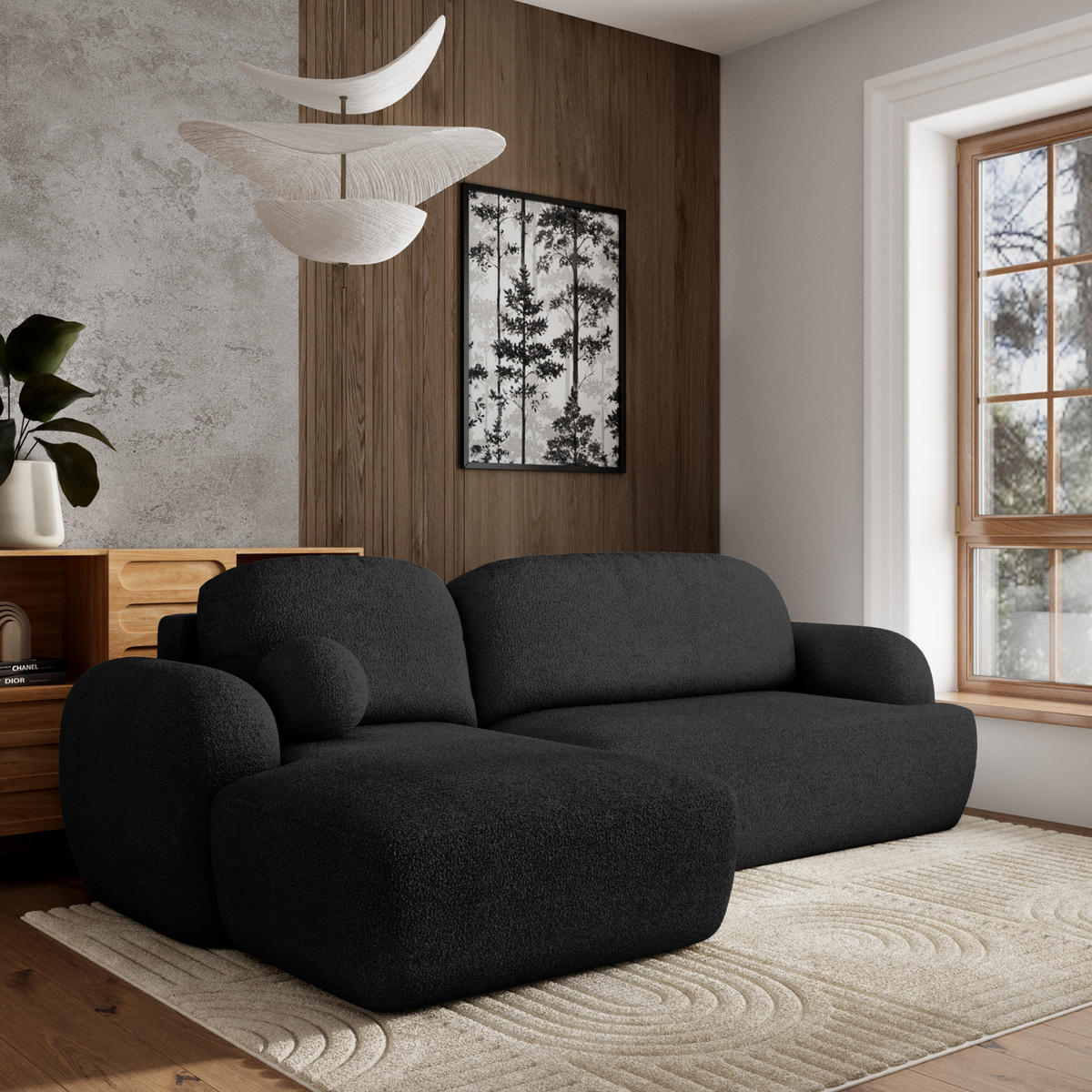 ECKSOFA MODENZA N L-S Schwarz Boucle-Stoff mit Schlaffunktion - Schwarz, Holz (266/148cm) - MASSENO
