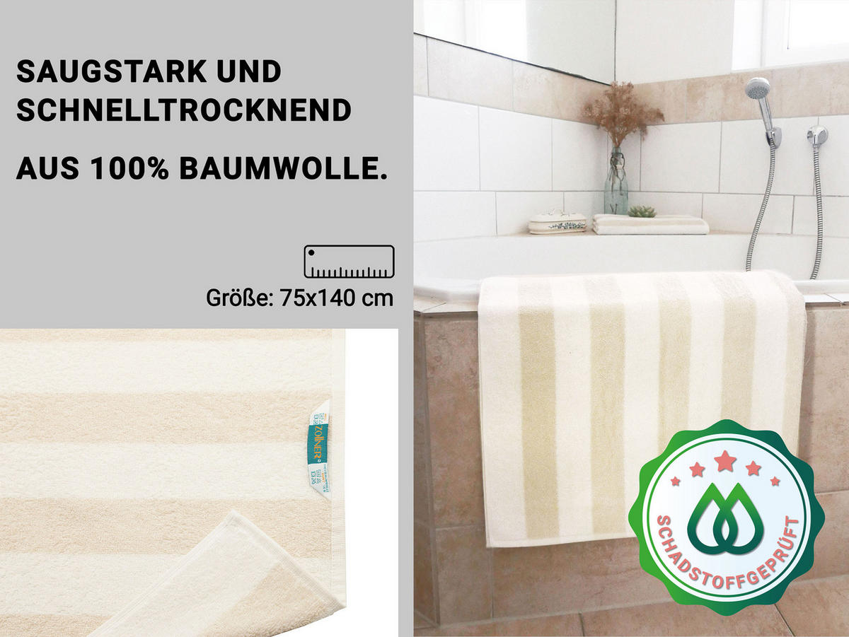 DUSCHTÜCHER, 2er-Set, 75x140 cm, 100% Baumwolle, Braun - Beige, Textil (75/140cm) - Zollner