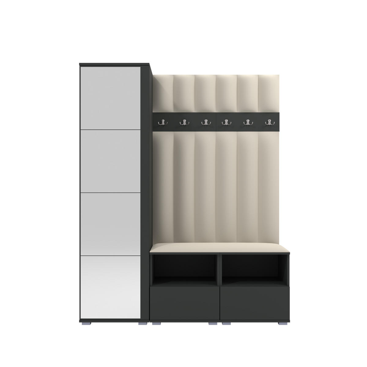 GEPOLSTERT Garderoben-Set Nela II LUX (Spiegel – Farbe Graphit + Stoff Trinity 01) - Silberfarben/Creme, Holz/Holzwerkstoff (150/187/40cm) - Ravio