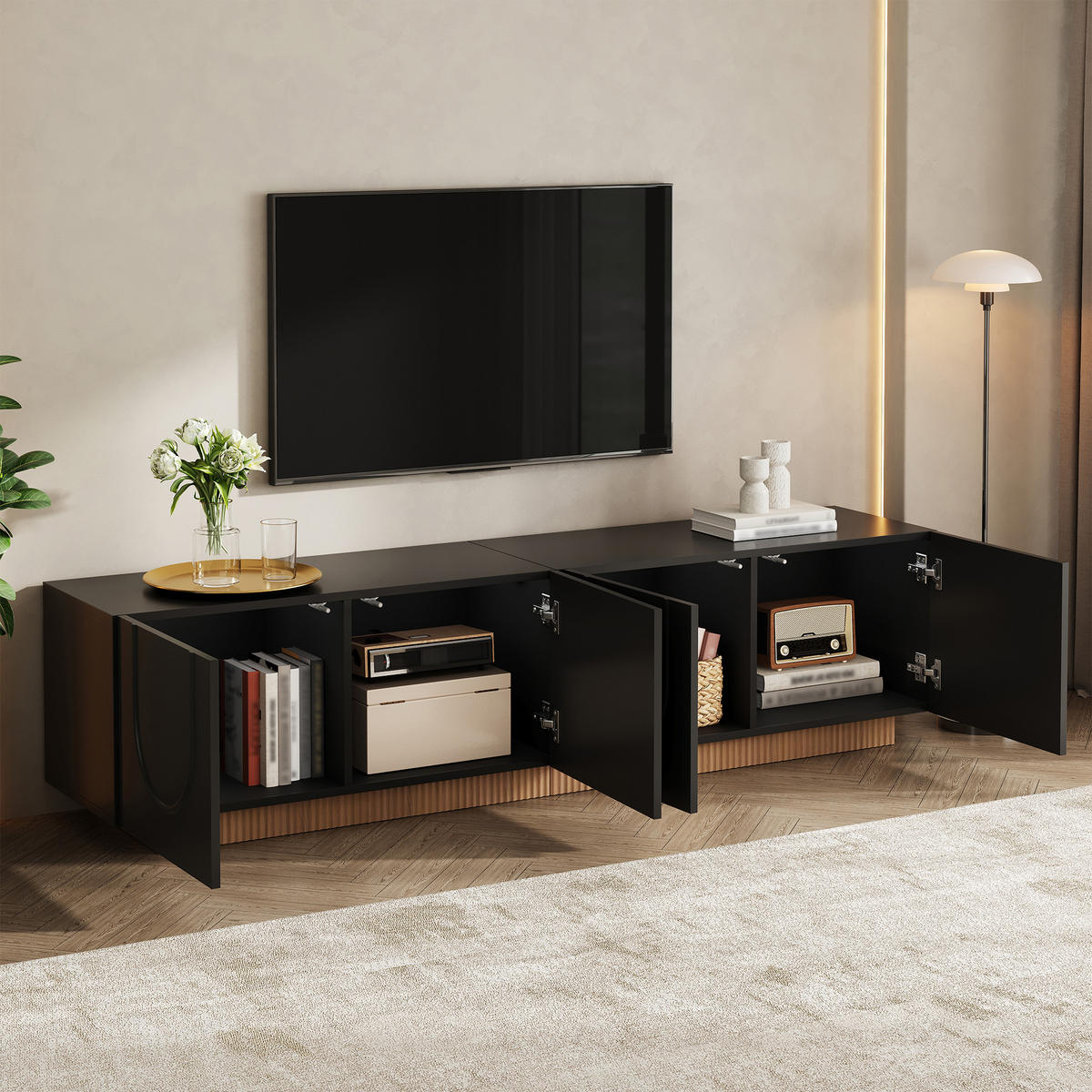 TV-LOWBOARD 170 x 38 x 42 cm, 4 Türen, 3D-Relieffront, Kabelmanagement, Schwarz - Schwarz, Holzwerkstoff (170/42/38cm)