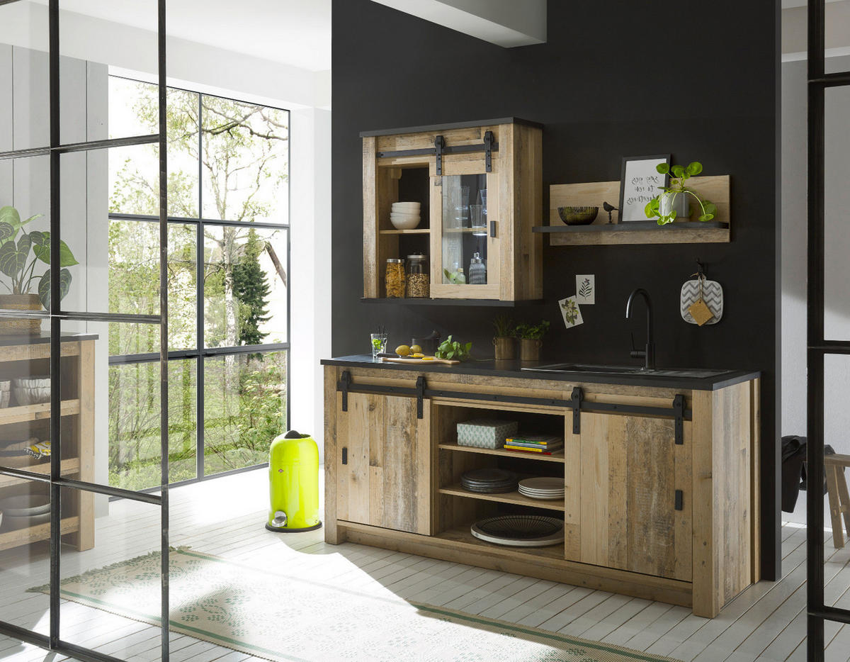 KÜCHENBLOCK in Used Wood Vintage 200 cm, Küchenschrank Set 3-teilig, mit Schiebetüren und Soft-Close - Anthrazit/Schwarz, Glas/Holzwerkstoff (200/200/64cm) - Furn.Design