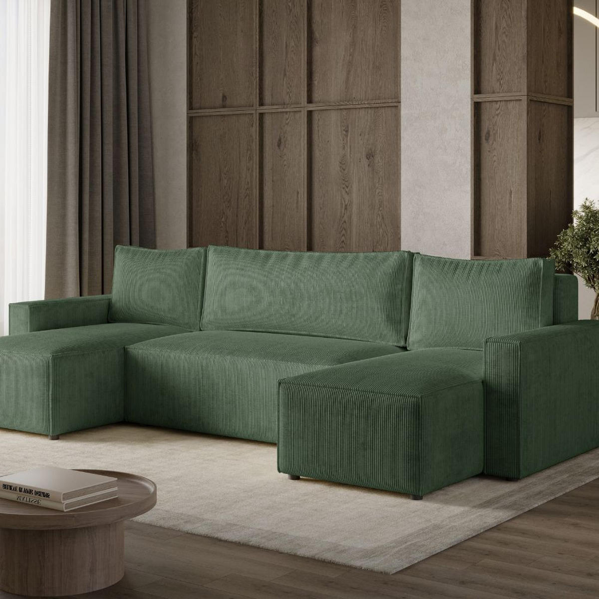 ECKSOFA LIVIO U mit Schlaffunktion und Bettkasten – Moderne Wohnlandschaft in U-Form (POSO 14) - Dunkelgrün, Holz (300/90/142cm) - Dekori_Interiors
