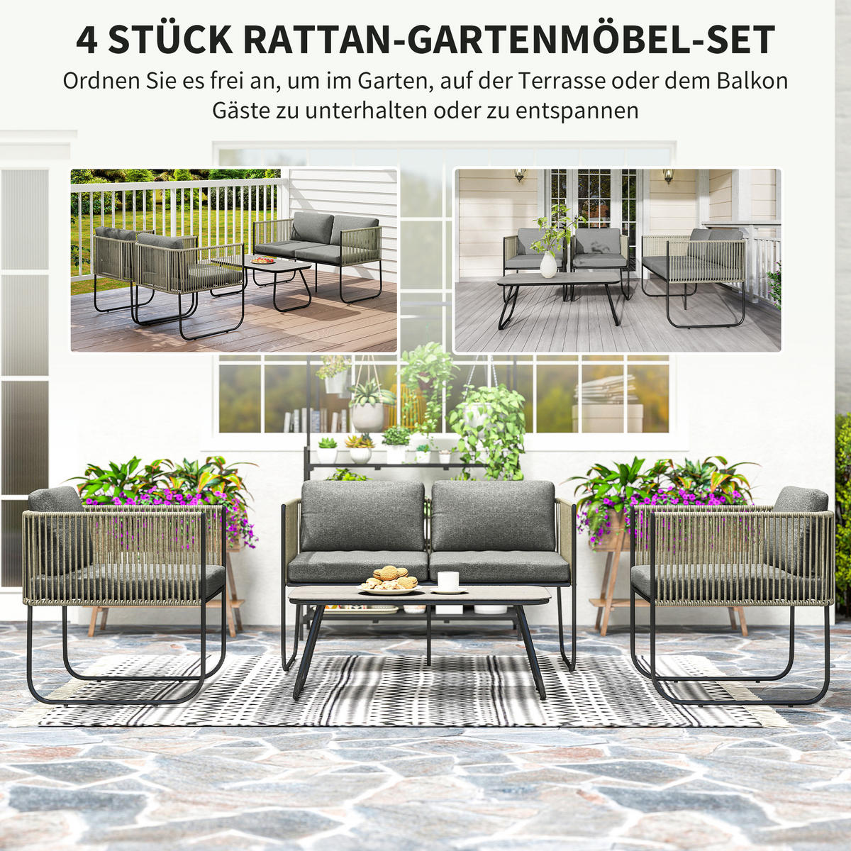 GARTENMÖBEL LOUNGE-SET DE-06742 4-teilig mit Sofa, Sessel & Tisch - Dunkelgrau, Kunststoff/Metall - ComfortXL