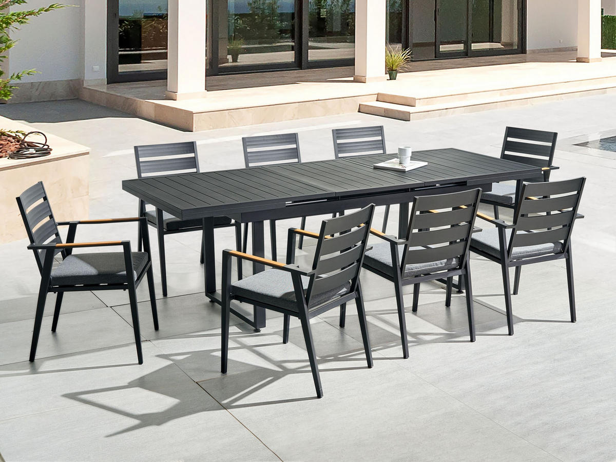 GARTENMÖBEL SET 8-Sitzer Aluminium schwarz Auflagen grau Valcanetto/Taviano - Hellbraun/Schwarz, Metall - Beliani