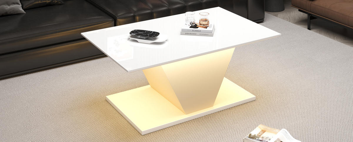COUCHTISCH, V‑Form, weiß mit Hochglanz-Tischplatte und steuerbarer LED-Beleuchtung, 100/50/46 cm,weiß - Weiß, Holzwerkstoff (100/50/46cm) - Redom