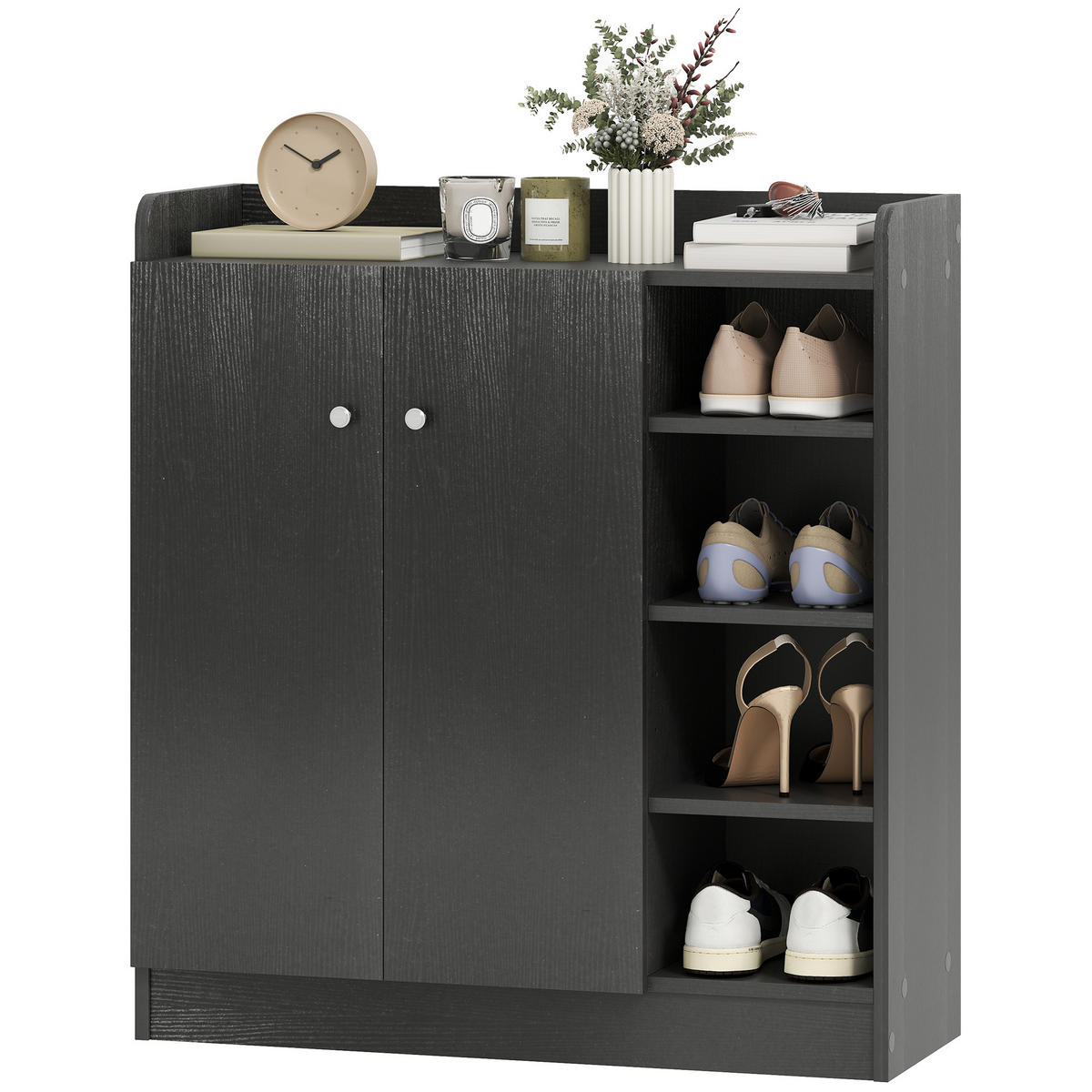 SCHUHSCHRANK DE-14973 4 offene Fächer & Doppelschrank mit 4 Einlegeböden Schwarz - Schwarz, Holzwerkstoff (83/90/30cm) - ComfortXL