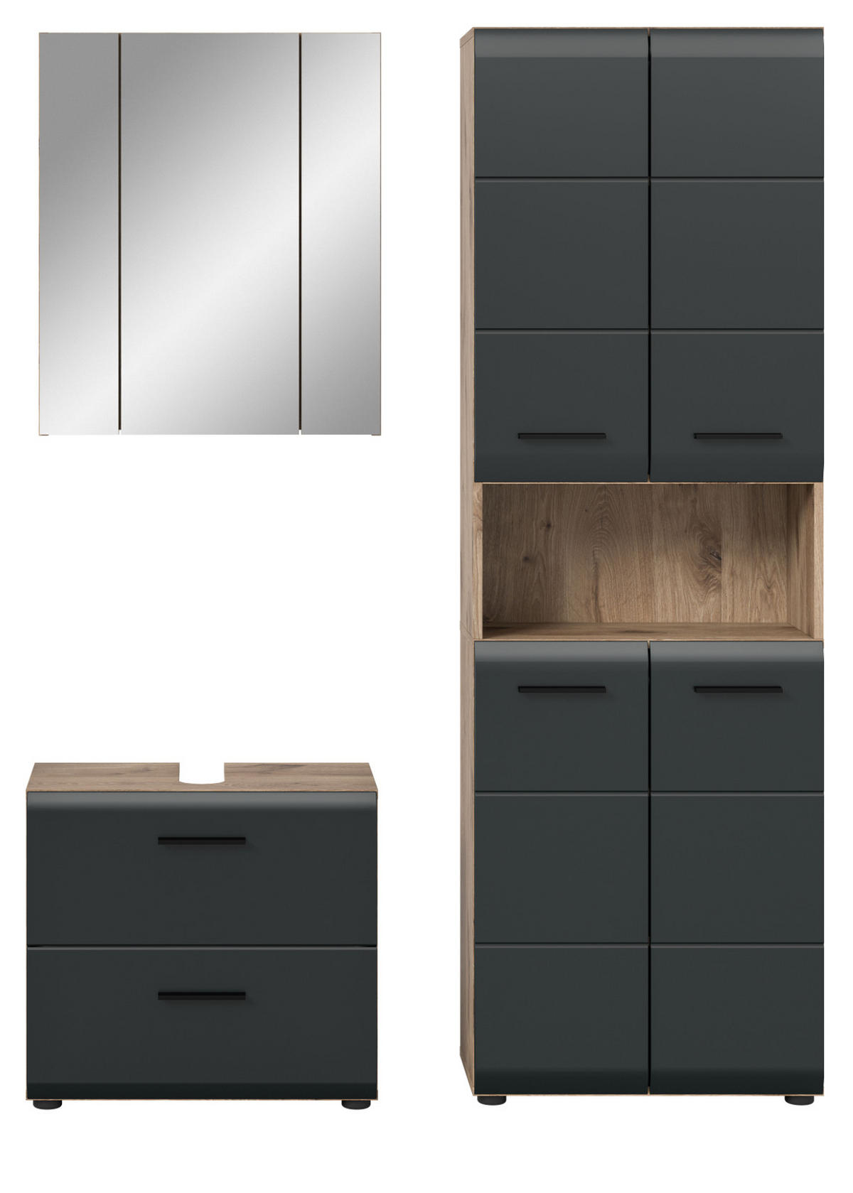 BADMÖBEL-SET 3-teilig schwarz matt, Eiche Nox, Badkombination mit Hochschrank 135 cm - Eichefarben/Schwarz, Glas/Holzwerkstoff (135/185/30cm) - Inn.Furn