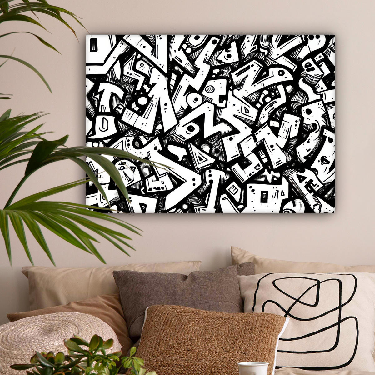 LEINWANDBILD Formen - Buchstaben - Graffiti - Schwarz Wandbilder 80x60 cm - Schwarz, Textil (80/60cm) - MuchoWow