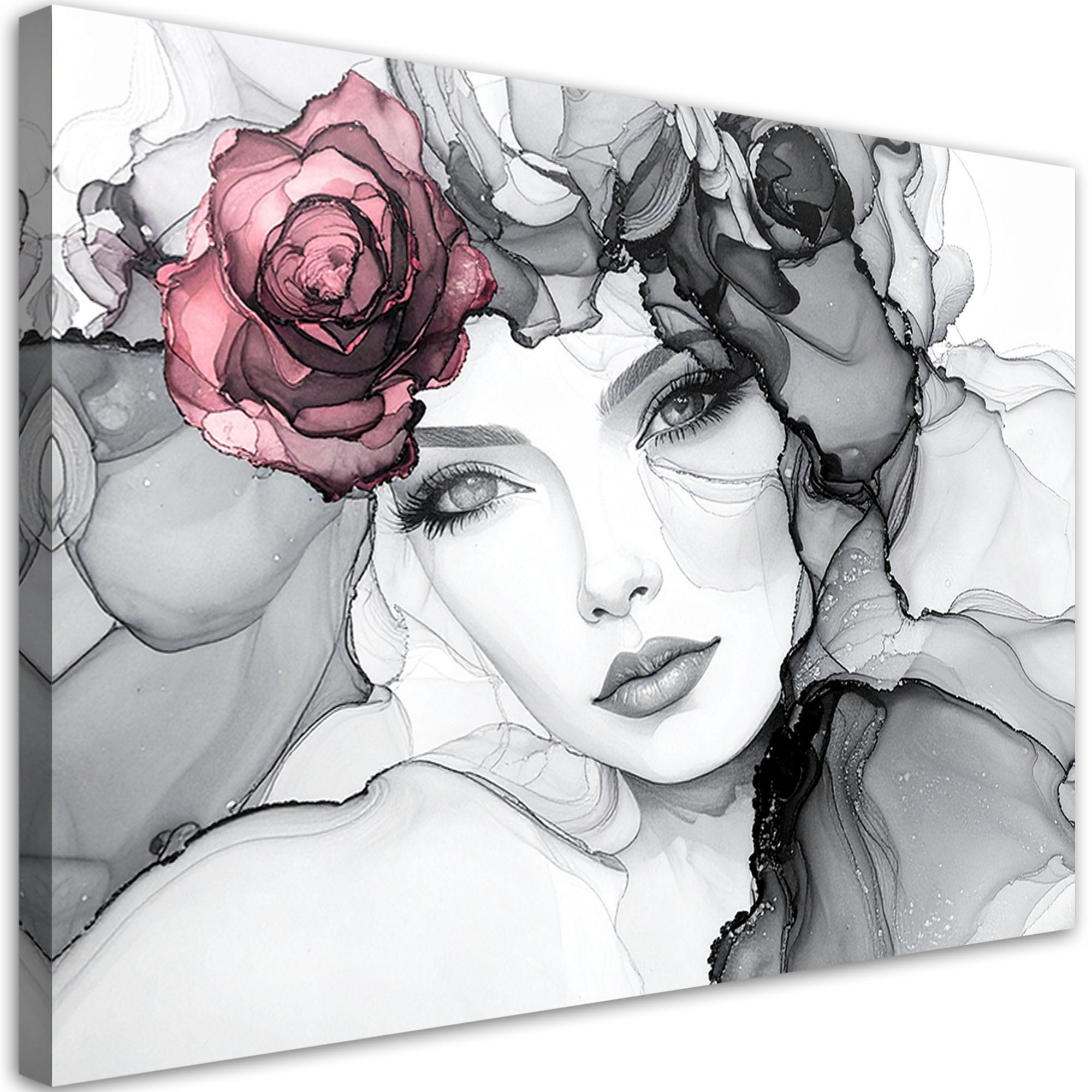 LEINWANDBILD Porträt einer Frau mit Blumen auf dem Kopf 120x80cm - Grau, Textil (120/80cm) - Feeby