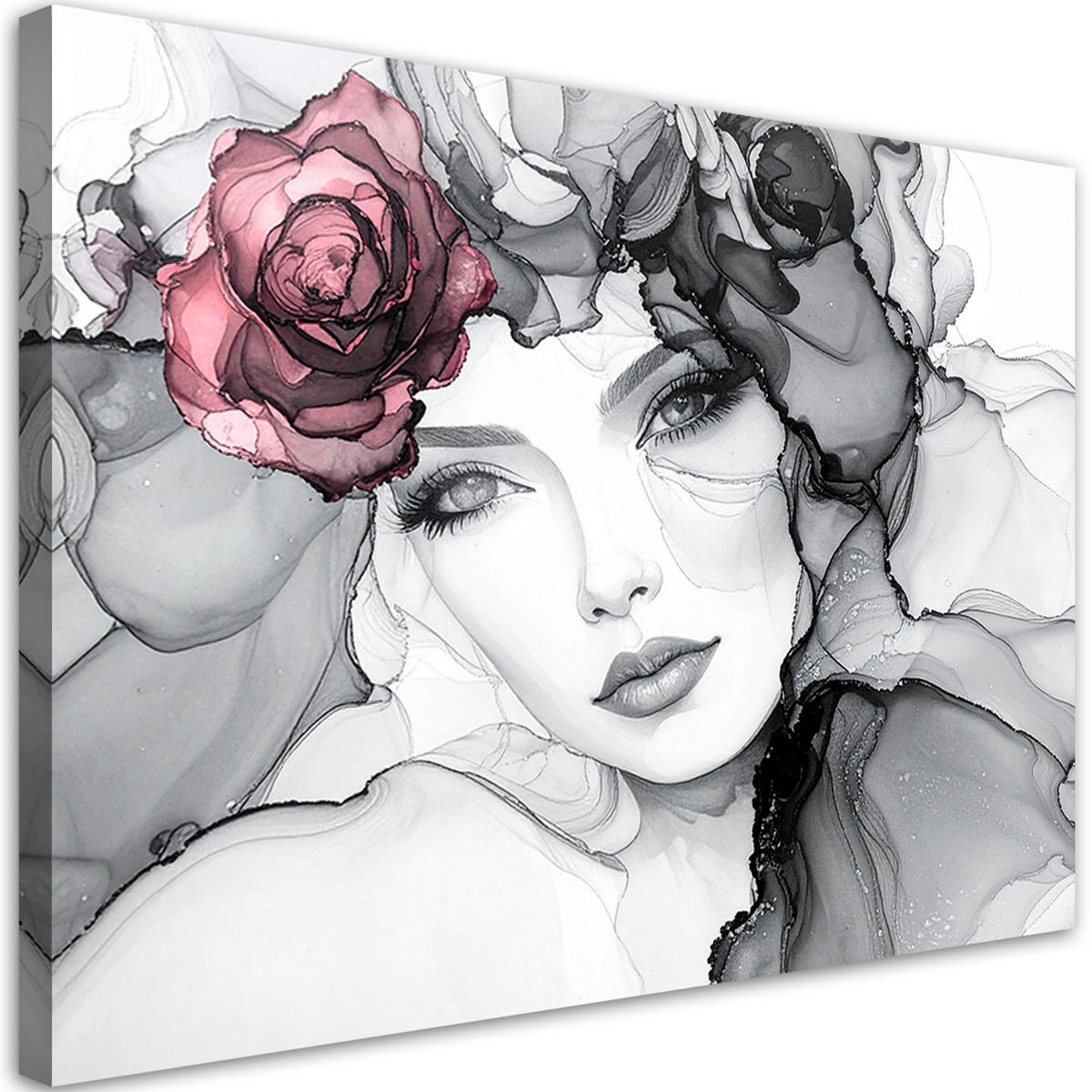 LEINWANDBILD Porträt einer Frau mit Blumen auf dem Kopf 120x80cm - Grau, Textil (120/80cm) - Feeby