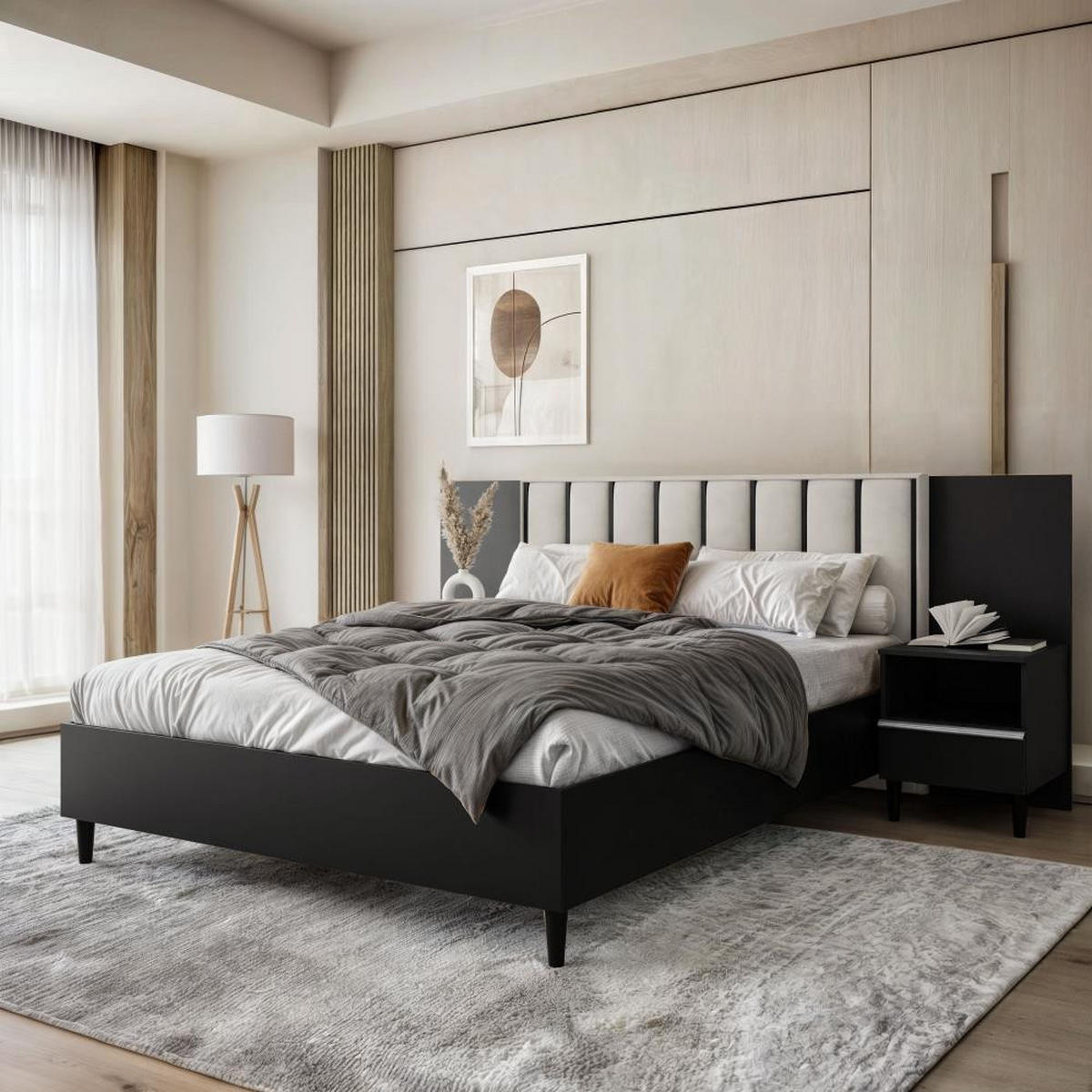 POLSTERBETT Stella 166/211/108 mit 1 Nachttisch beige - Beige/Schwarz, Holzwerkstoff/Textil (160/200cm) - Beautysofa