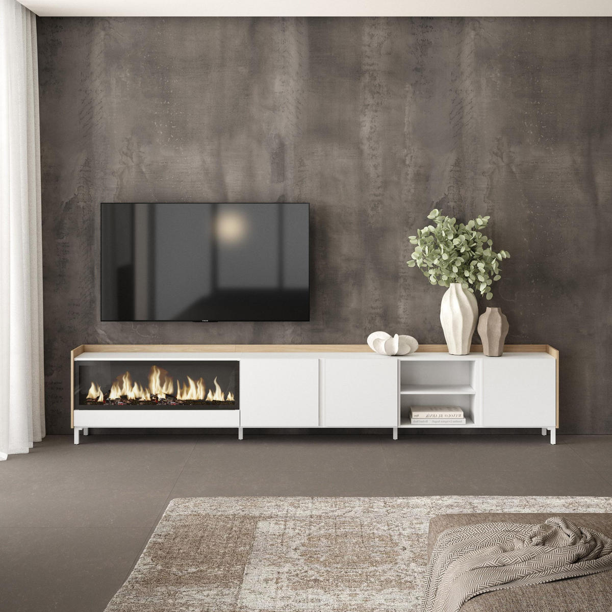 LOWBOARD, Weiß und Eiche, 315/35/61cm, Kamin mit Feuereffekt XXL - Weiß, Holzwerkstoff (315/61/35cm) - Skraut Home