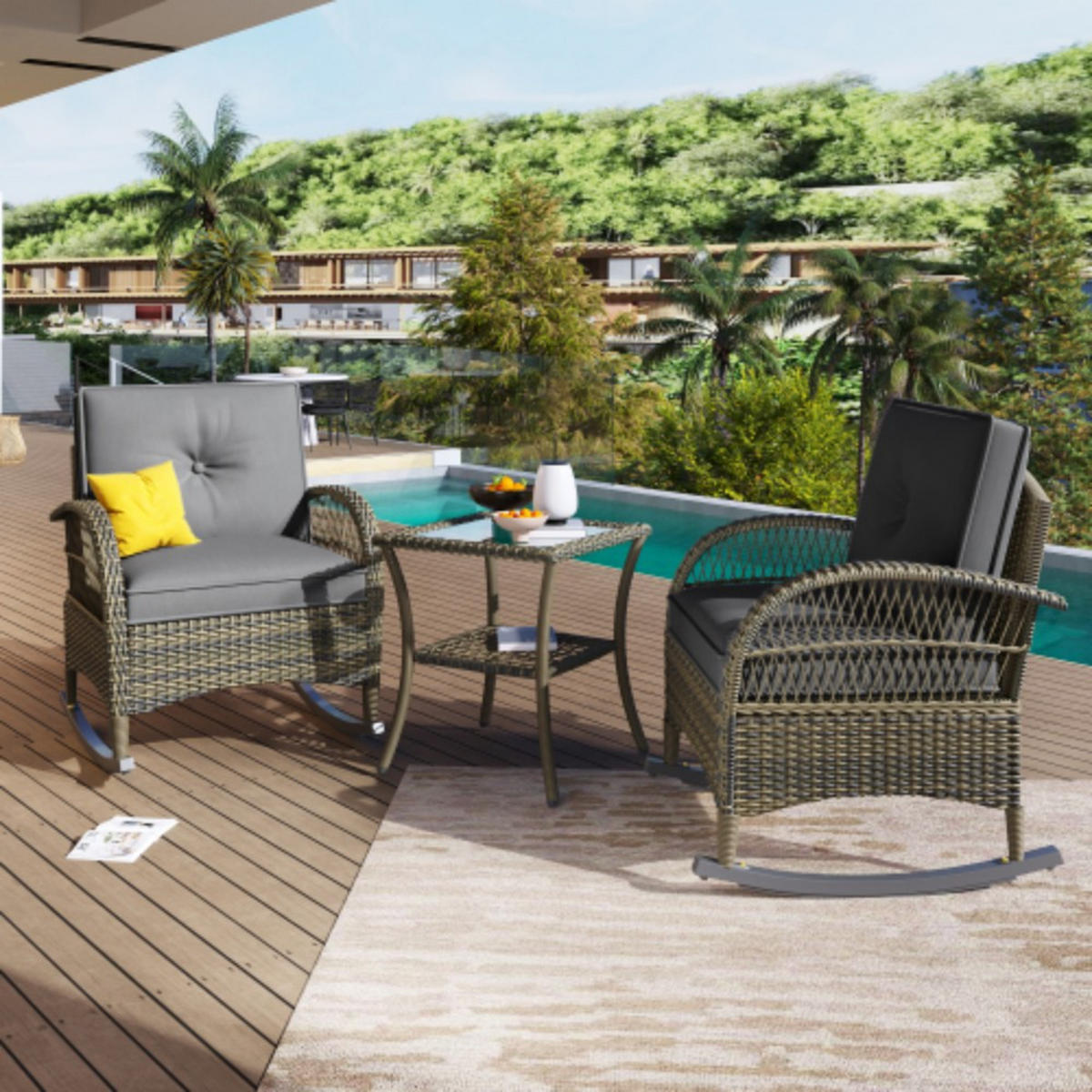 BALKONSET 3-tlg,BISTRO SET,PE-Rattan Schaukelstuhl,für 2 Personen,Grau - Grau, Metall - LVHOM