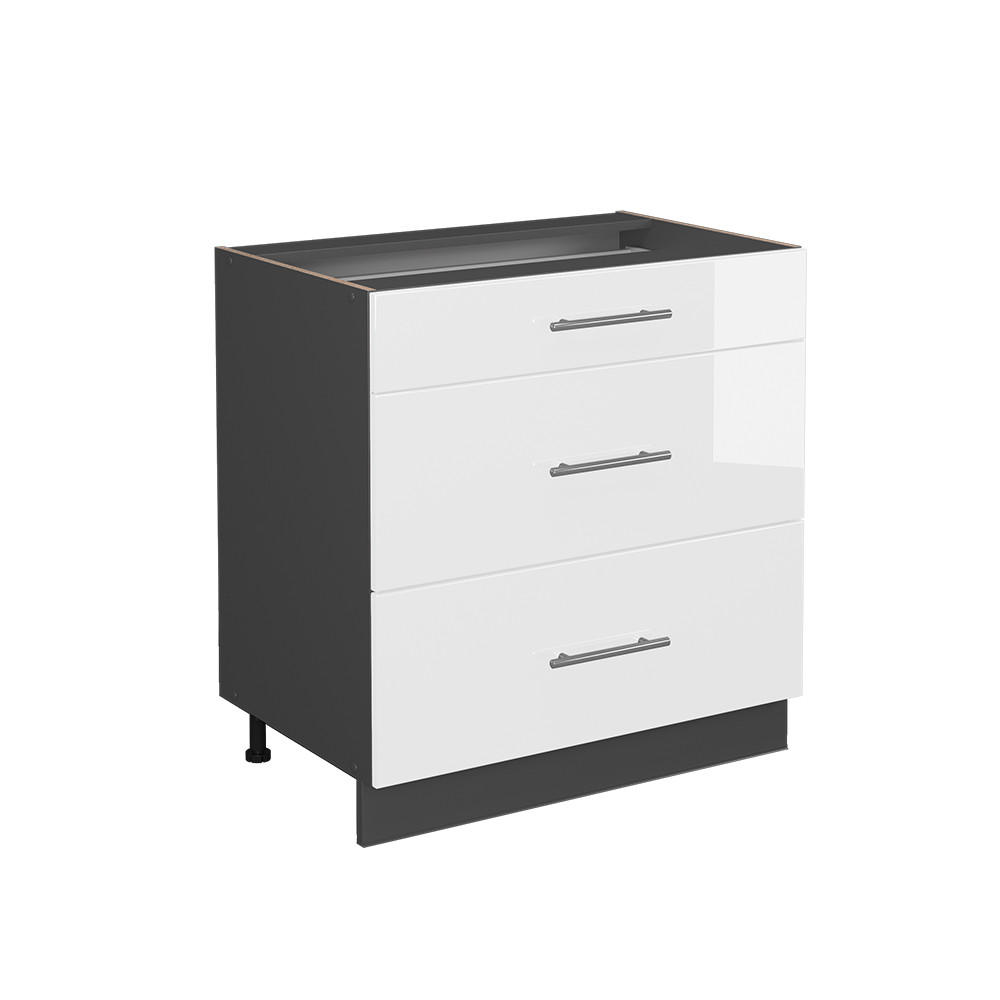 KÜCHENUNTERSCHRANK Fame-Line Weiß Hochglanz 80 cm mit 3 Schubladen AP Eiche - Weiß Hochglanz/Anthrazit, Holzwerkstoff (80/82/60cm) - Vicco
