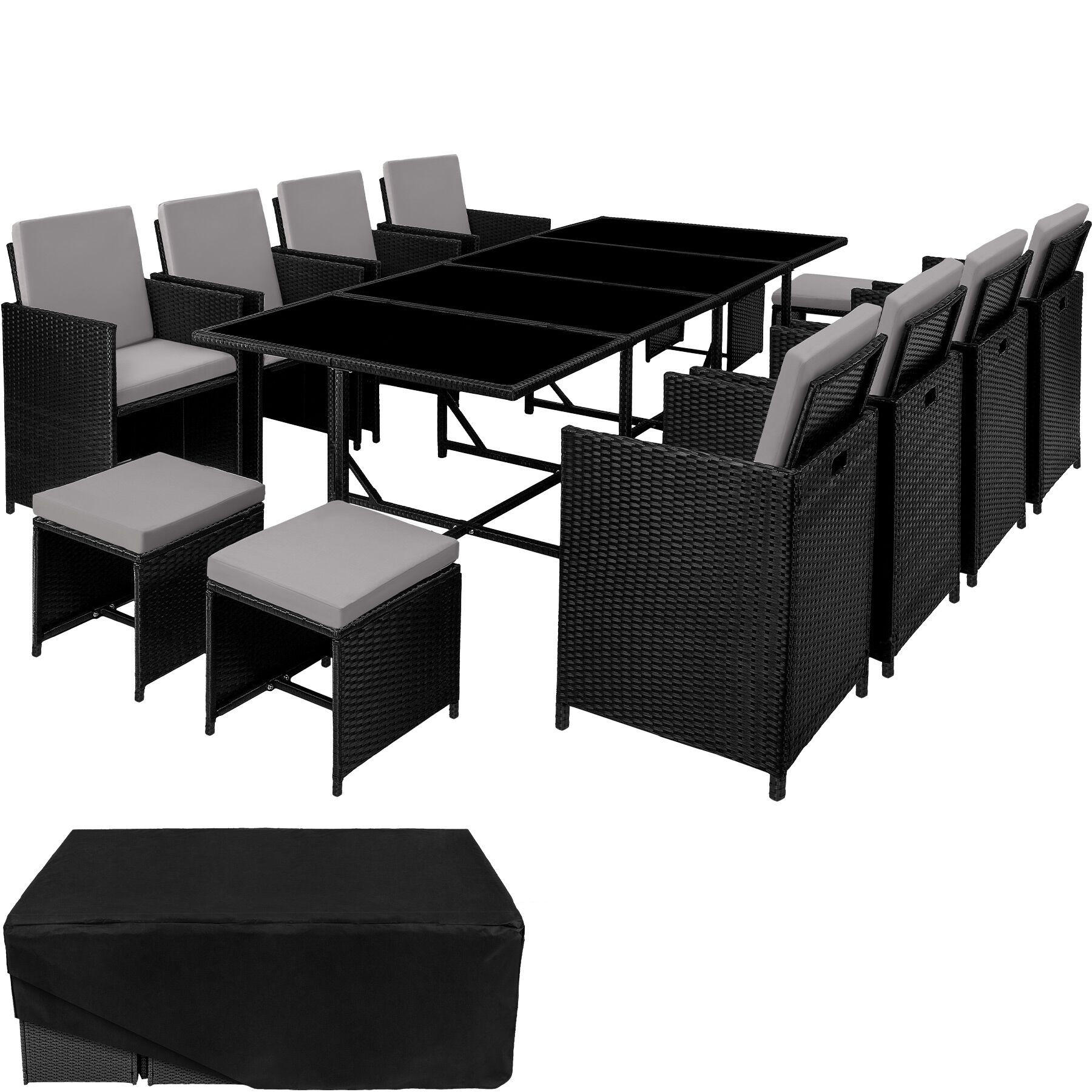 RATTAN SITZGRUPPE Palma,zusammenschiebbar, inklusive Schutzhülle,schwarz/grau - Schwarz/Grau, Kunststoff - tectake