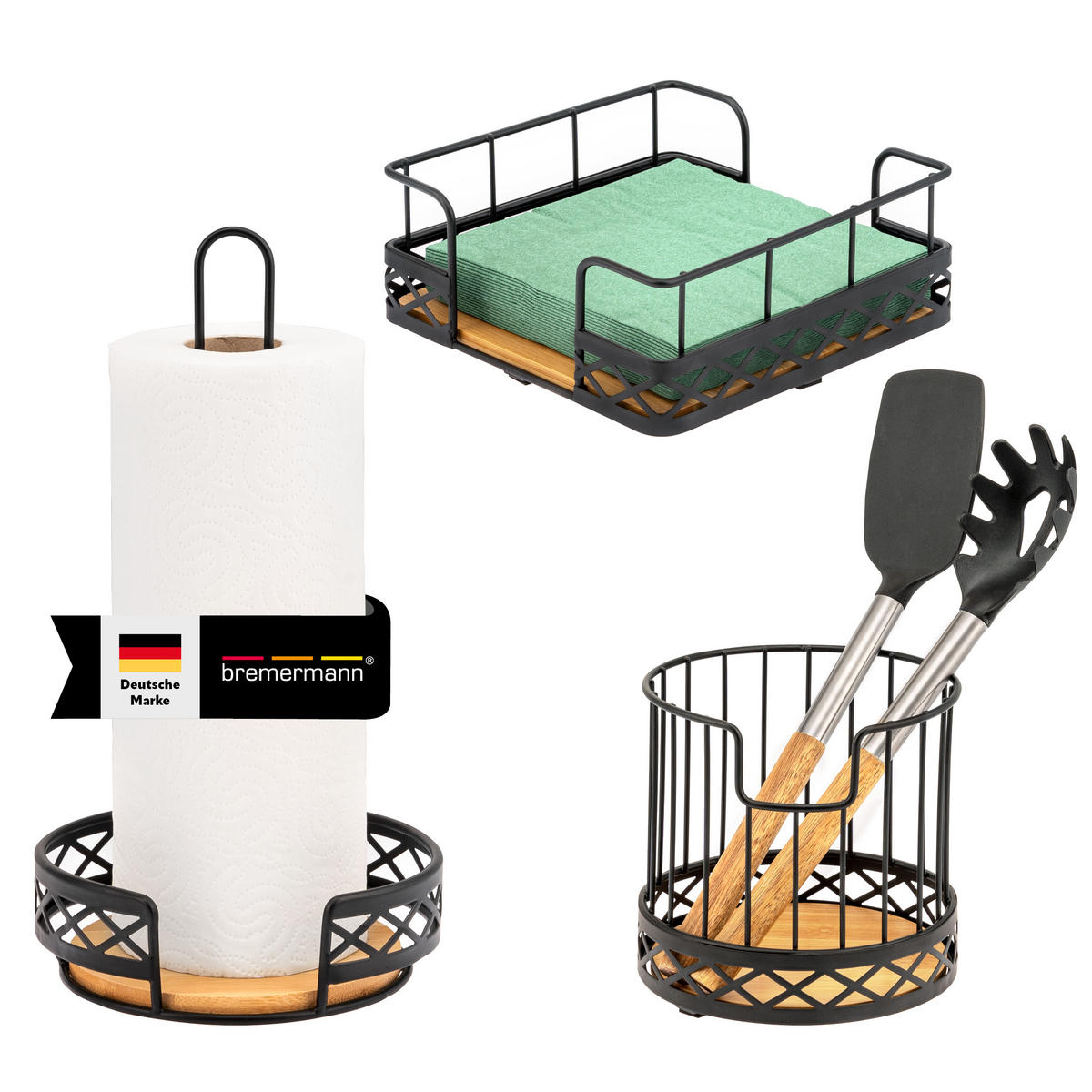 KÜCHENUTENSILIEN 3er Set, Metall, Bambus, schwarz - Schwarz, Metall (19/8/19cm) - bremermann