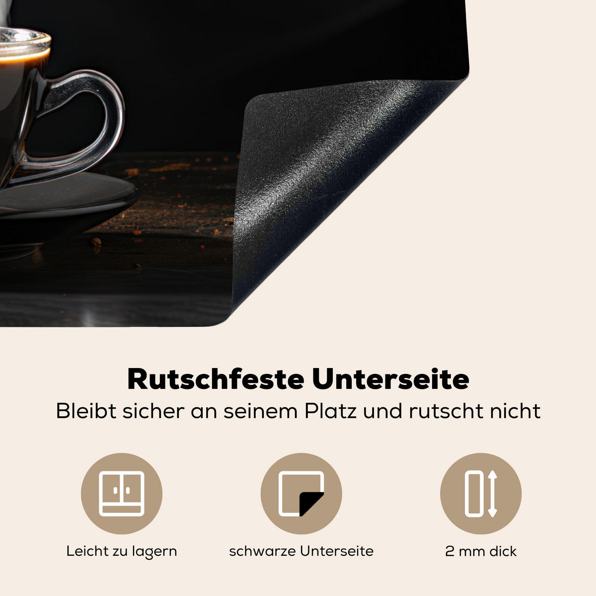HERDABDECKPLATTE Kaffee - Schwarz - Bohnen - Heiß - Tasse Herdabdeckung Induktionsfeld 75x52 cm - Schwarz, Kunststoff (75/52/0.2cm) - MuchoWow