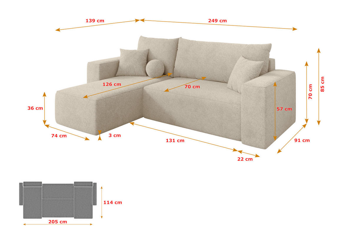 ROHOVÁ SEDAČKA s funkcí spaní, otoman vlevo SENO-L 249x139x85 krémová velur - černá/krémová, kompozitní dřevo/textil (249/139cm) - ALTDECOR
