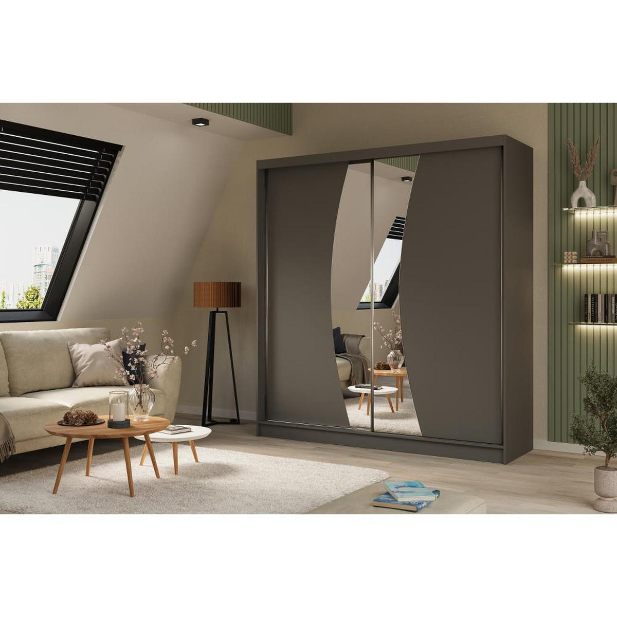 SCHWEBETÜRENSCHRANK Vox 200/216/61 graphit mit Spiegel und Schubladen - Graphitfarben, Holzwerkstoff (200/216/61cm) - Beautysofa