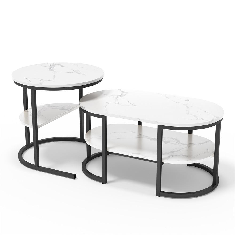 COUCHTISCH 2er-Set - Ovaler und Runder Couchtisch in Marmoroptik mit Ablage - Weiß und Schwarz - Schwarz, Holzwerkstoff (46/80/41cm) - DELFA