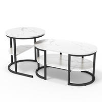 COUCHTISCH 2er-Set - Ovaler und Runder Couchtisch in Marmoroptik mit Ablage - Weiß und Schwarz - Schwarz, Holzwerkstoff (46/80/41cm) - DELFA