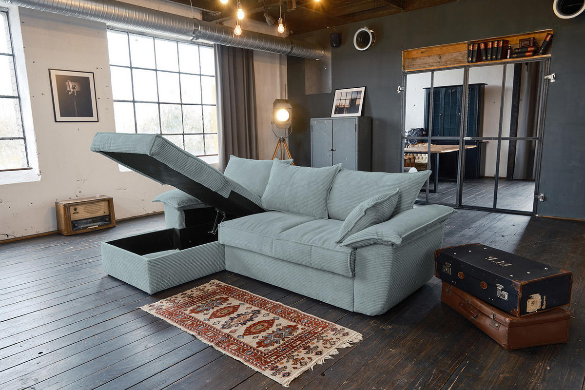 ECKSOFA DAMETO Hellblau Cord - Schwarz/Hellblau, Kunststoff/Textil (266/174cm) - KAWOLA