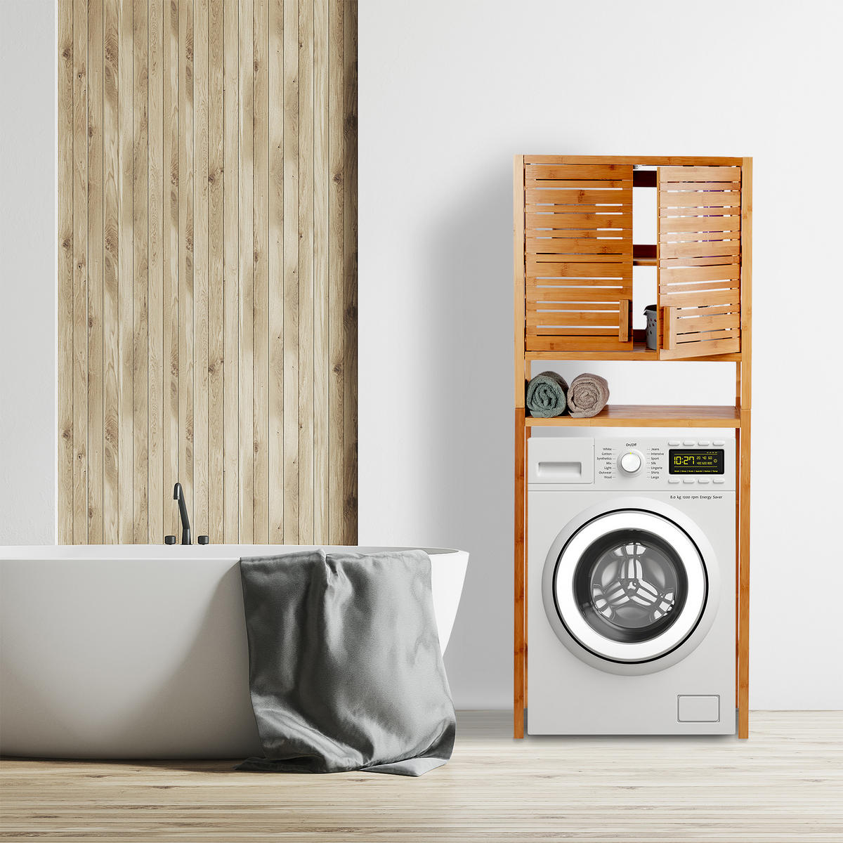 WASCHMASCHINENSCHRANK - Hellbraun, Holz (66/164.5/26cm) - Relaxdays