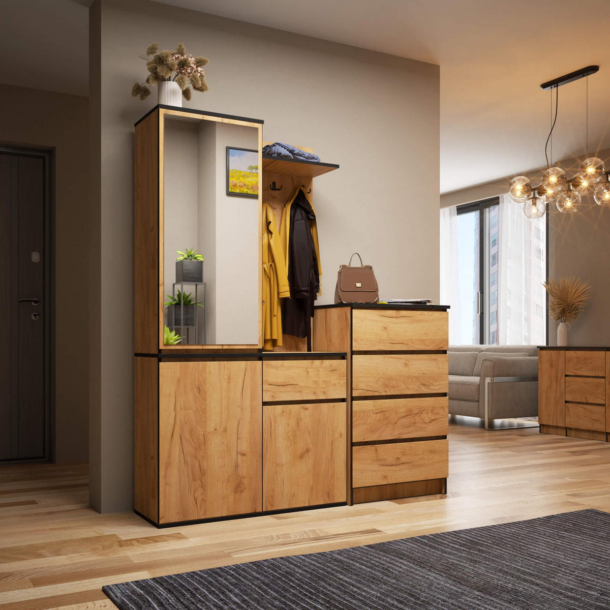 GARDEROBE Entro mit Spiegel, Eiche Craft, 95x183x35 cm - Eichefarben, Holzwerkstoff (95/183/35cm) - Akord
