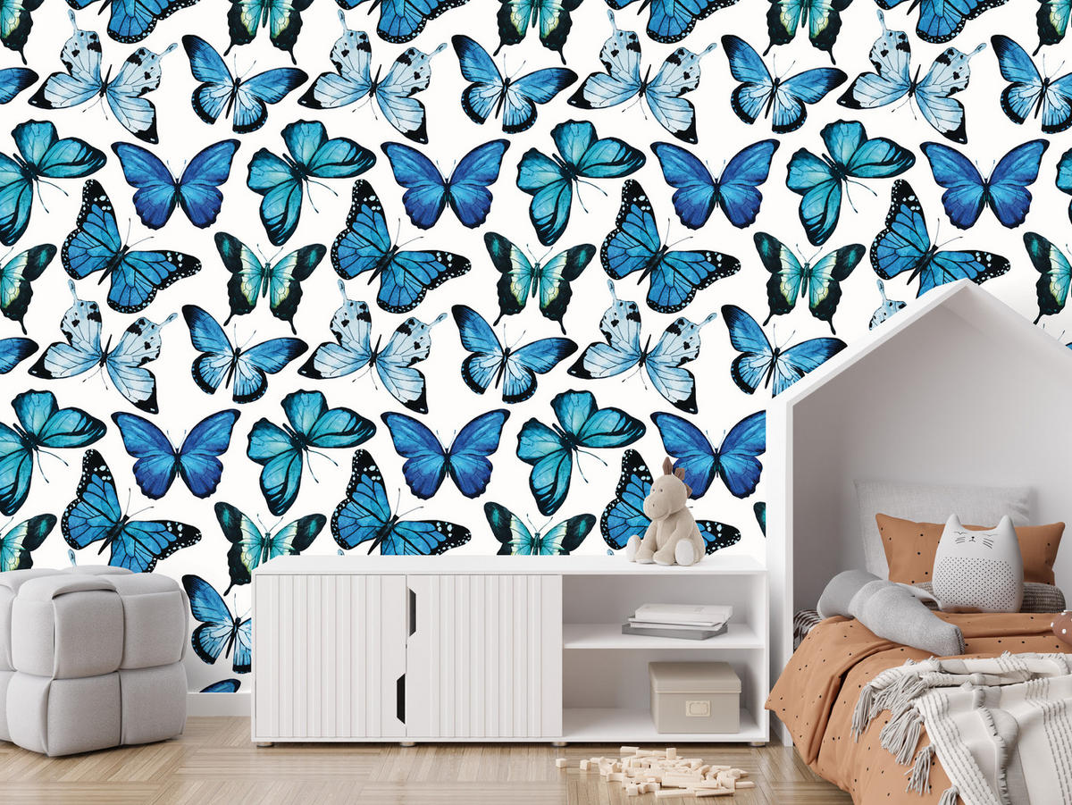 VLIESTAPETE Schmetterlinge im Boho-Stil – Blau, Weiß – 50x1000 cm - Blau/Weiß, Papier (50/1000cm) - Muralo