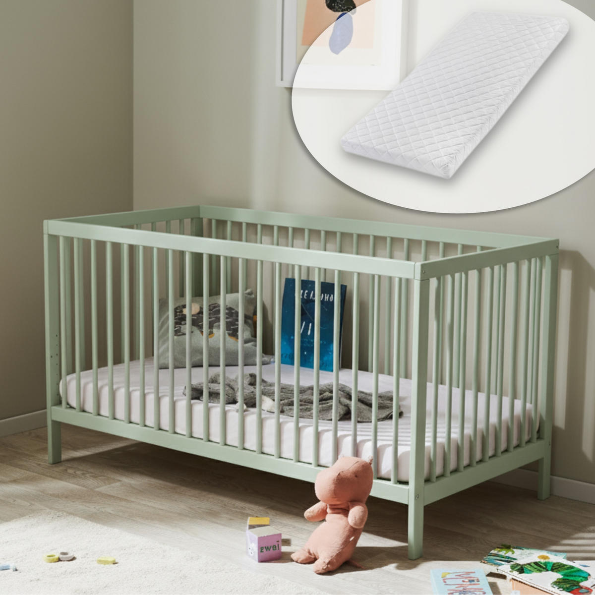 BABYBETT mit Matratze 70x140 cm in Grün - Grün, Holz (70/140cm) - Kids Collective