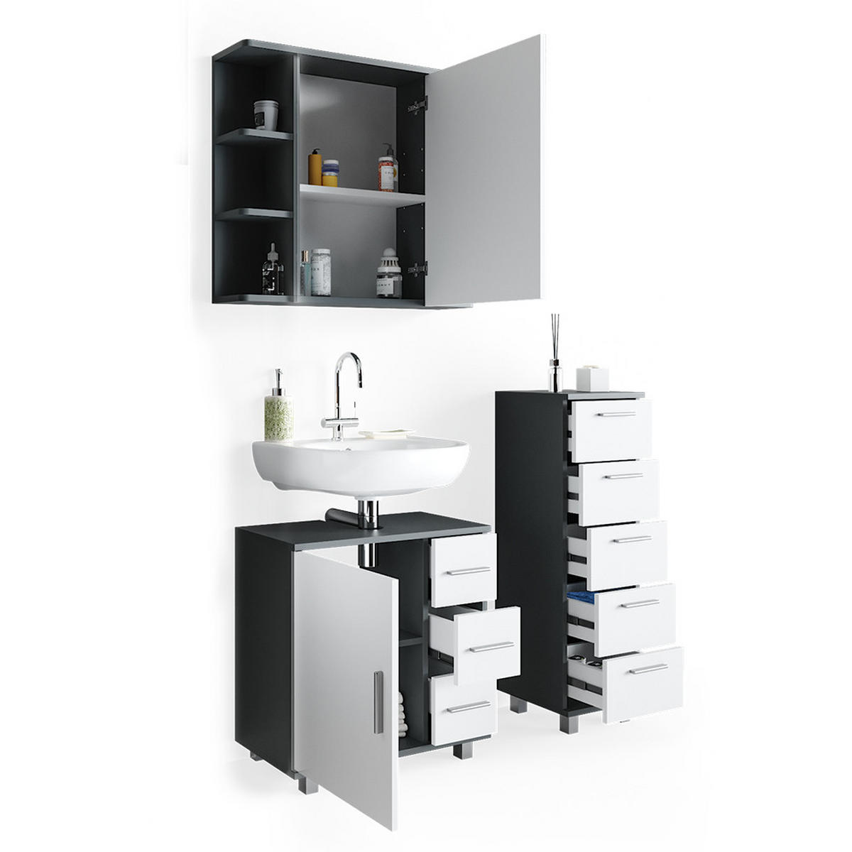 BADMÖBEL-SET Ilias Anthrazit 3 Teile, mit Midischrank - Anthrazit/Weiß, Holzwerkstoff (60/60.8/33cm) - Vicco