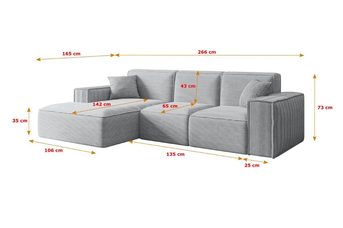 ECKSOFA Ottomane Links SERRA-L - 266x165x73 cm Grau Cord - Schwarz/Grau, Holzwerkstoff/Kunststoff (165/266cm) - ALTDECOR