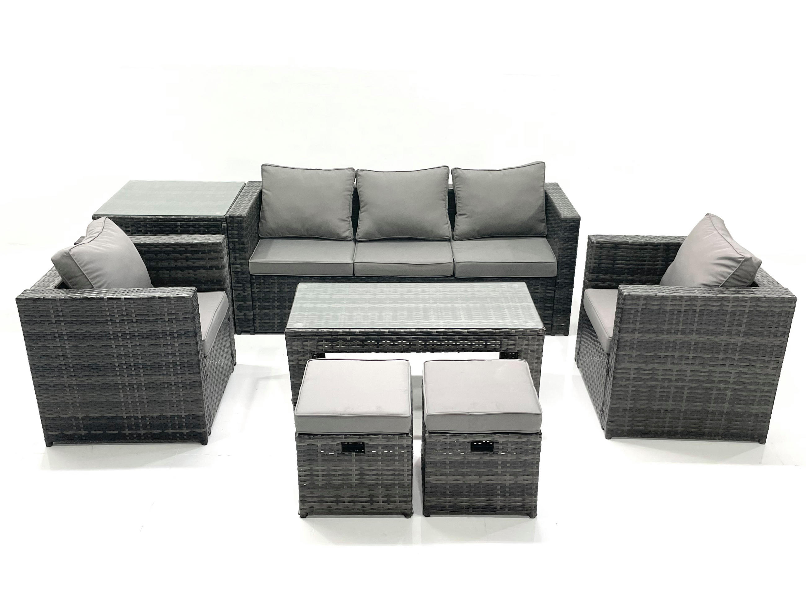 GARTENMÖBEL-SET COUCHTISCH SESSEL SOFA mit HOCKER Polyrattan Dunkelgrau Gemischt 7-Sitzer - Dunkelgrau/Grau, Glas/Kunststoff - Fimous