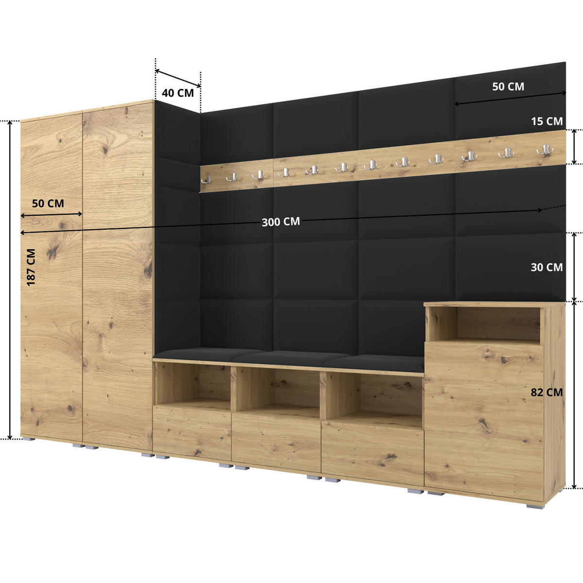 GARDEROBE NELA XII 300 cm (Modulare Flurmöbel Artisan Eiche mit Sitzpolster Schwarz 16 Gigantisches Set) - Silberfarben/Schwarz, Holz/Holzwerkstoff (300/187/40cm) - Ravio
