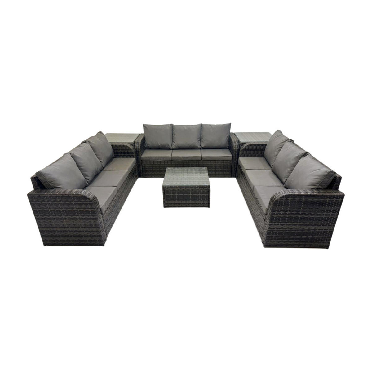 GARTENMÖBELGARNITUR mit KISSEN Polyrattan Dunkelgrau 9-Sitzer - Dunkelgrau/Grau, Glas/Kunststoff - Fimous