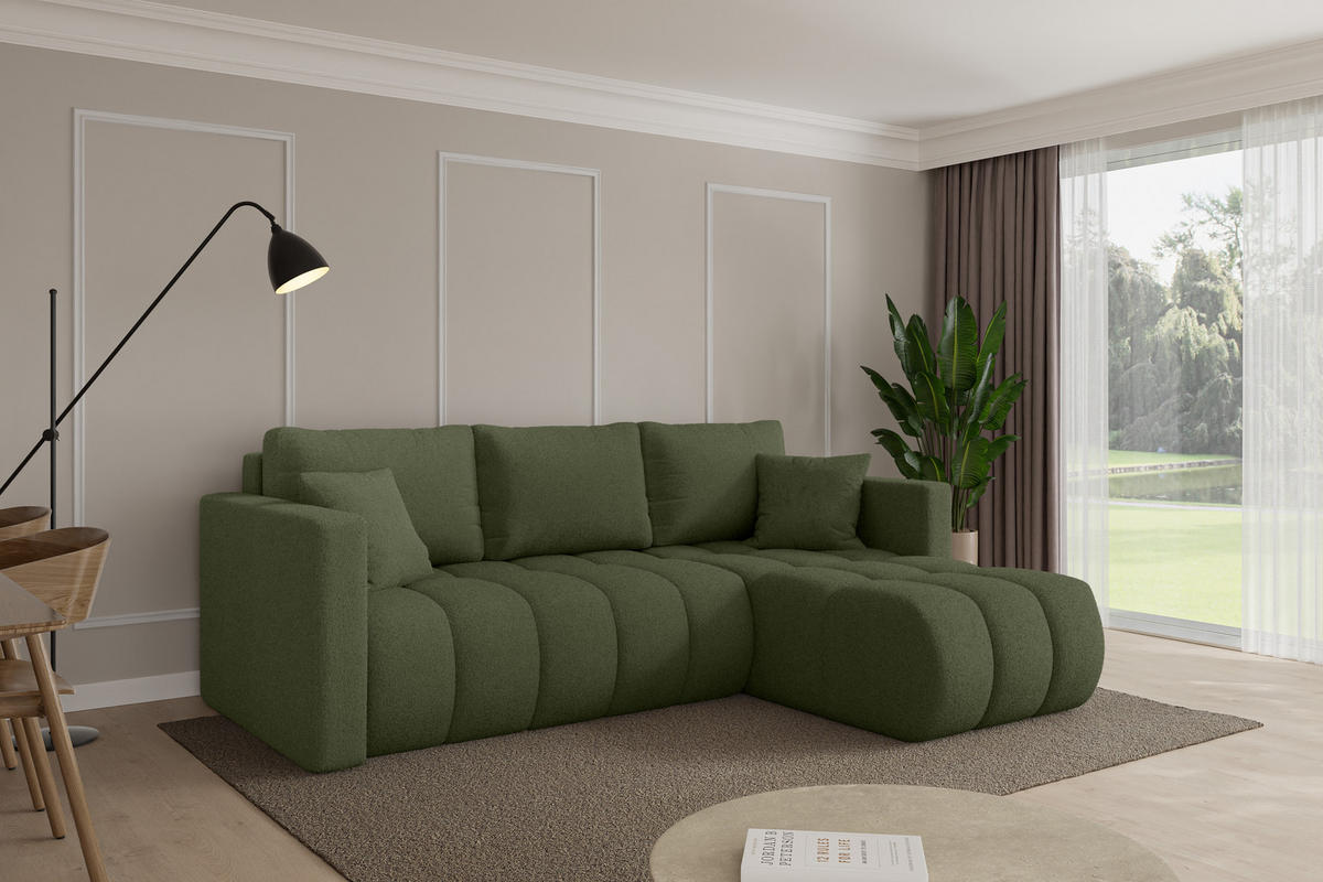 ROHOVÁ SEDAČKA s funkcí spaní, otoman vpravo GARD-L 226x146x85 zelená bouclé - černá/zelená barva, kompozitní dřevo/textil (226/146cm) - ALTDECOR