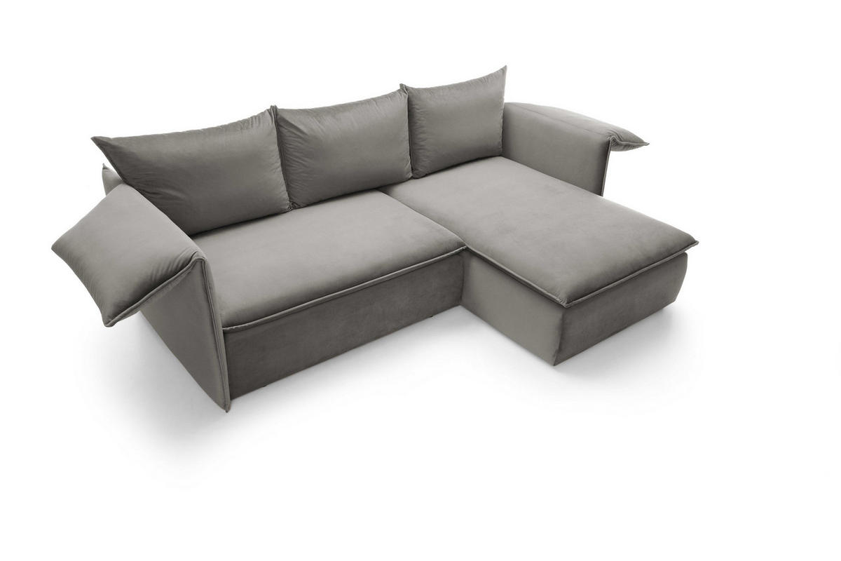 ECKSOFA PREGIO Grau Plüsch-Stoff mit Schlaffunktion - Grau, Holz (230/166cm) - MASSENO