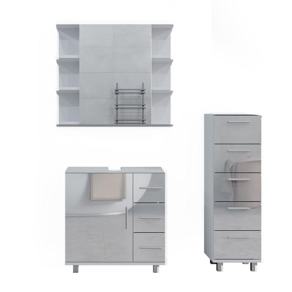 BADMÖBEL-SET Ilias Weiß Hochglanz 3 Teile, mit Midischrank - Weiß Hochglanz/Weiß, Holzwerkstoff (60/60.8/33cm) - Vicco