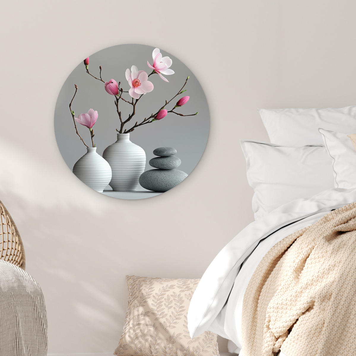 WANDBILD Magnolie - Blumen - Rosa - Zen-Steine 60x60 cm - Hellgrau, Kunststoff (60/60cm) - MuchoWow