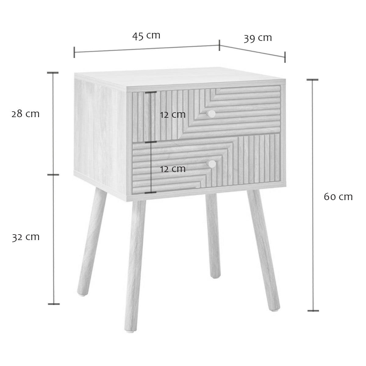NACHTTISCH 2 Schubladen mit Fronten in Lamellenoptik in L-Form Eden 60/45/39 cm - Eschefarben, Holzwerkstoff (39/60/45cm) - Calicosy