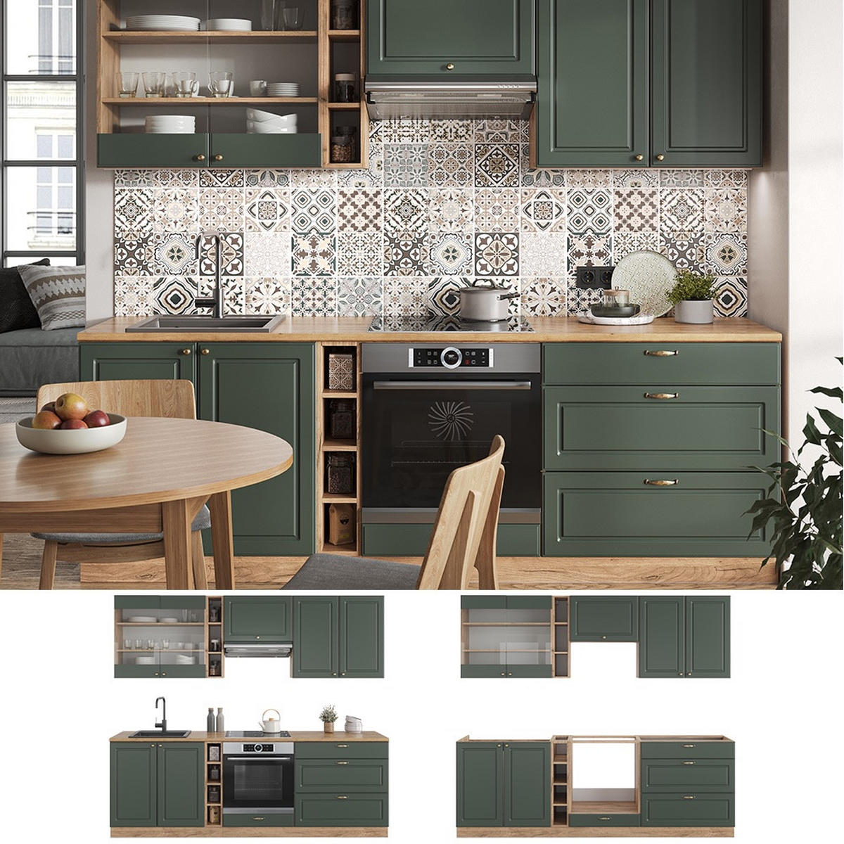 KÜCHENZEILE Fame-Line Grün-Gold Landhaus/Goldkraft Eiche 235 cm , AP Marmor - Honigeiche/Grün, Holzwerkstoff (235/206.8/60cm) - Vicco