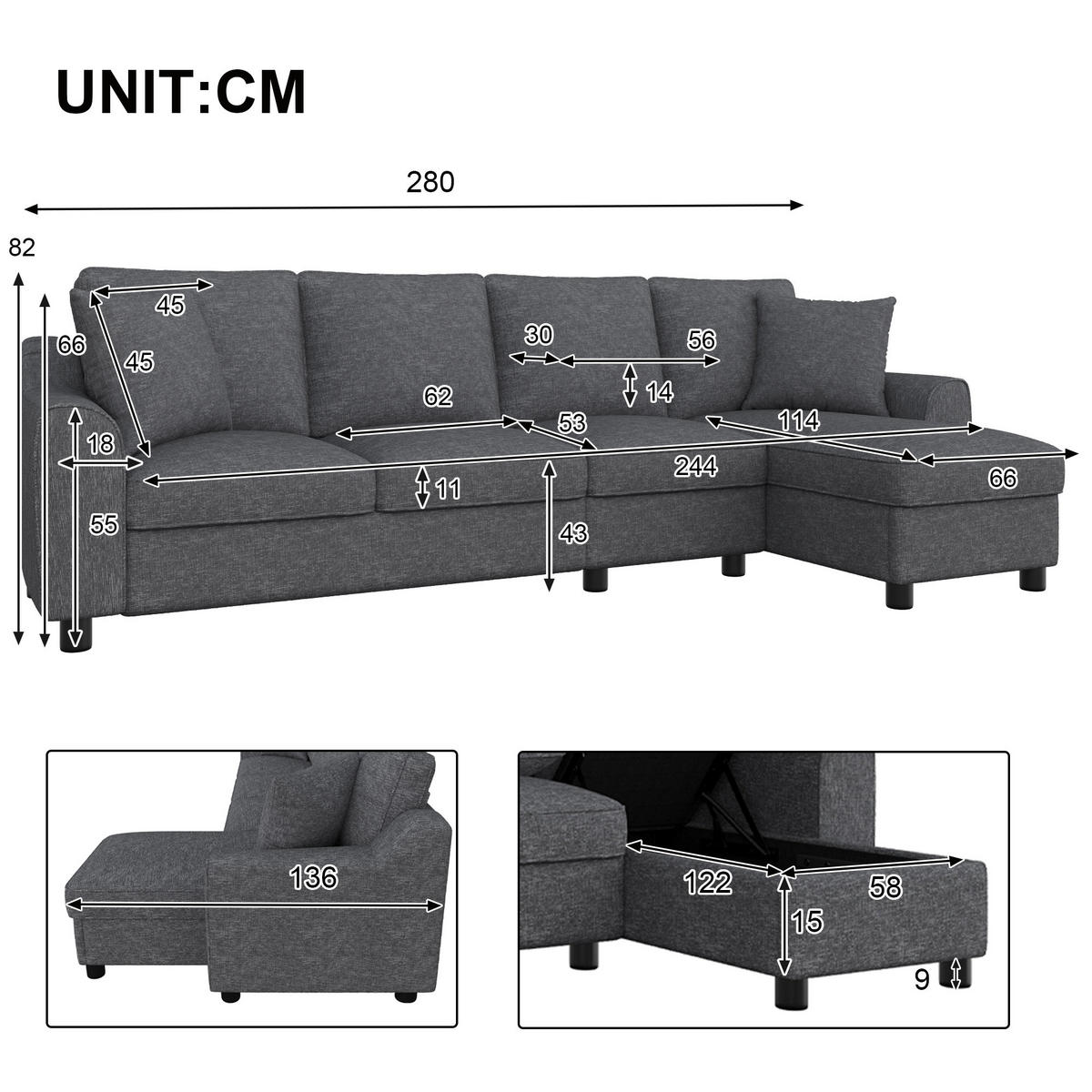 ECKSOFA L Form 3-Sitzer Chenille Stauraum Getränkehalter Grau 280cm - Grau, Textil (280/136cm) - FLIEKS